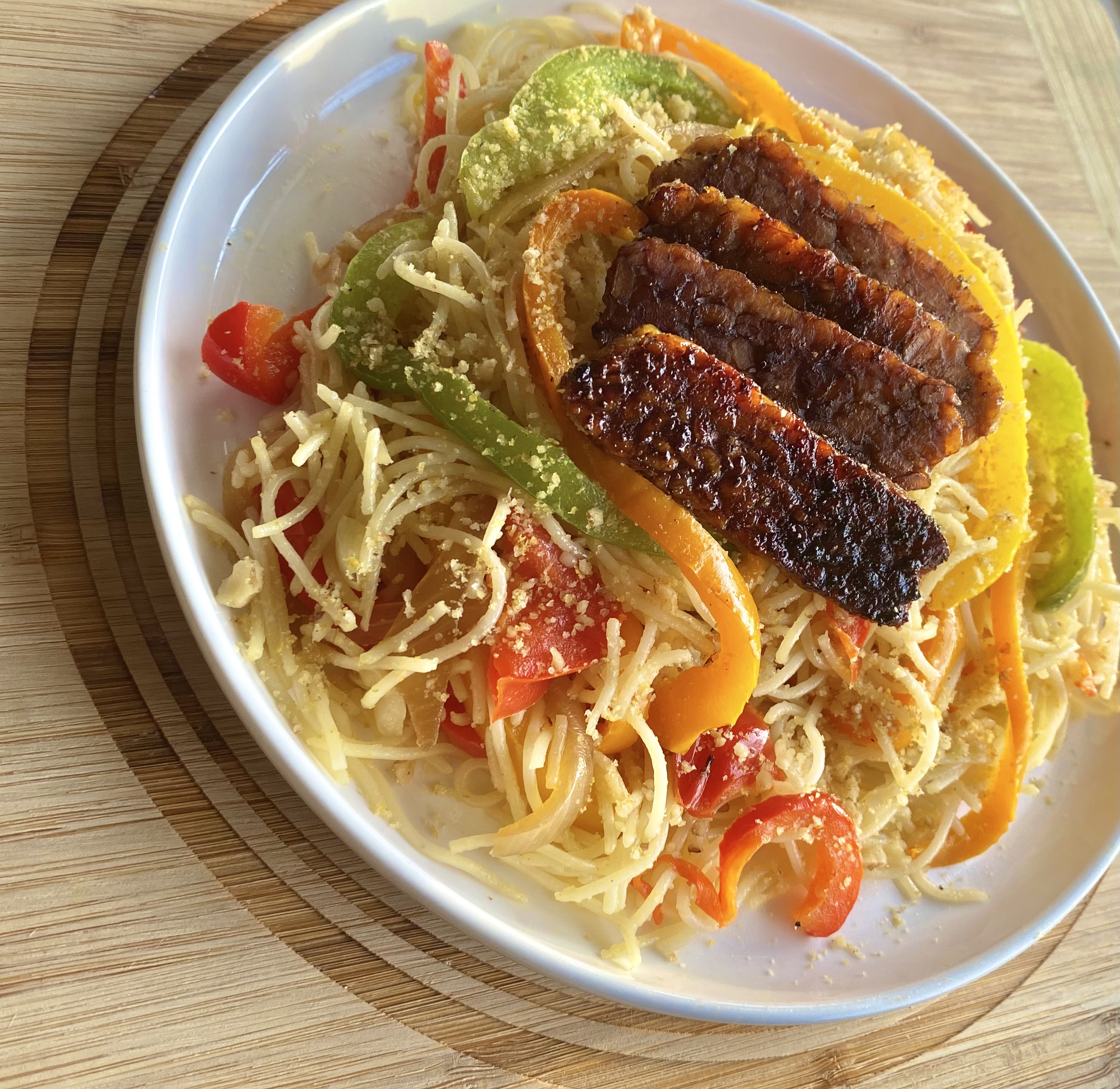 Healthy Vegan Carbonara Pasta with Seared Tempeh